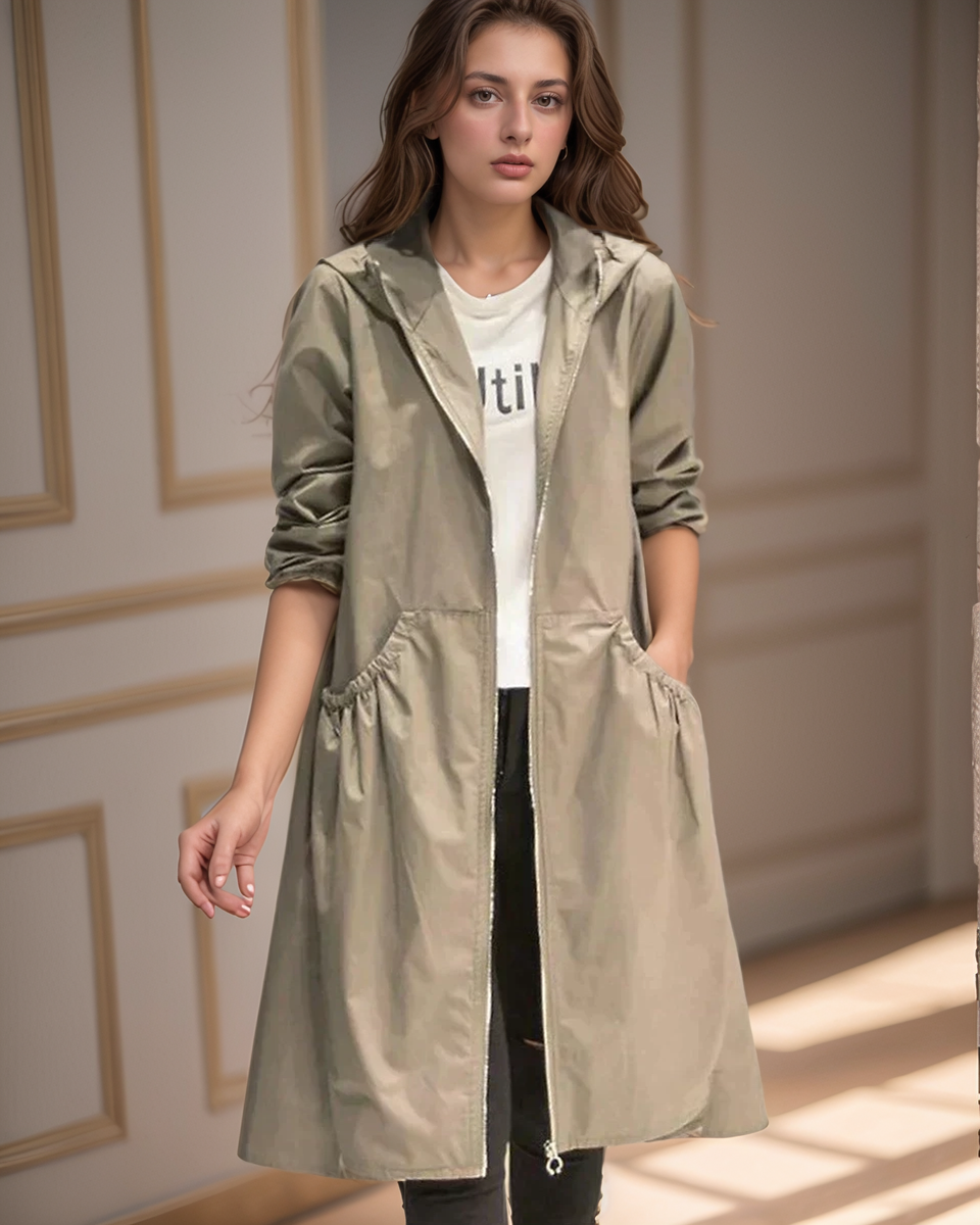 Women's Long Hooded Raincoat with Waterproof and Weatherproof Features and Zipper