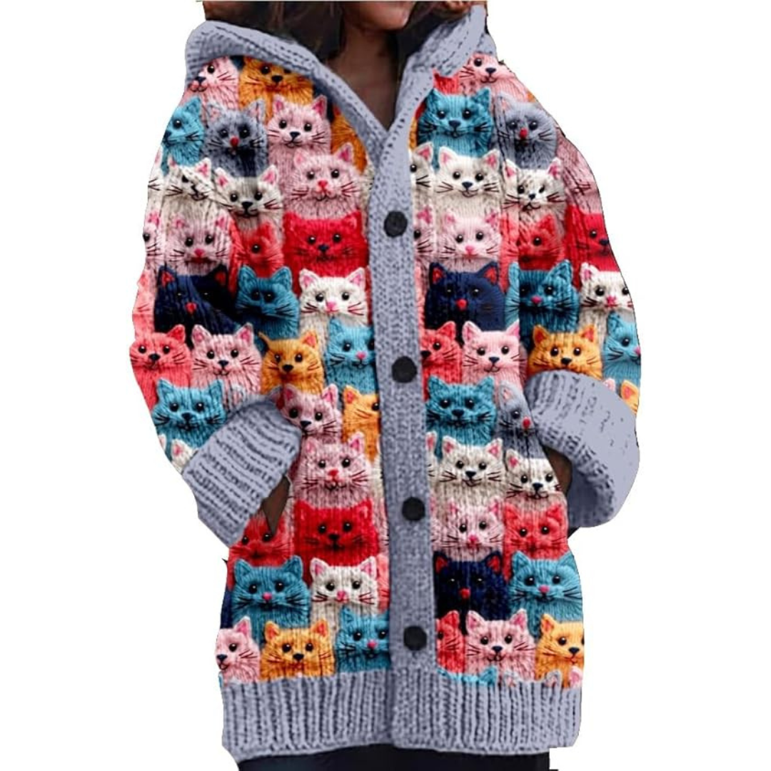 Women's Cat-Themed Hooded Cardigan | Button-Up Puffer