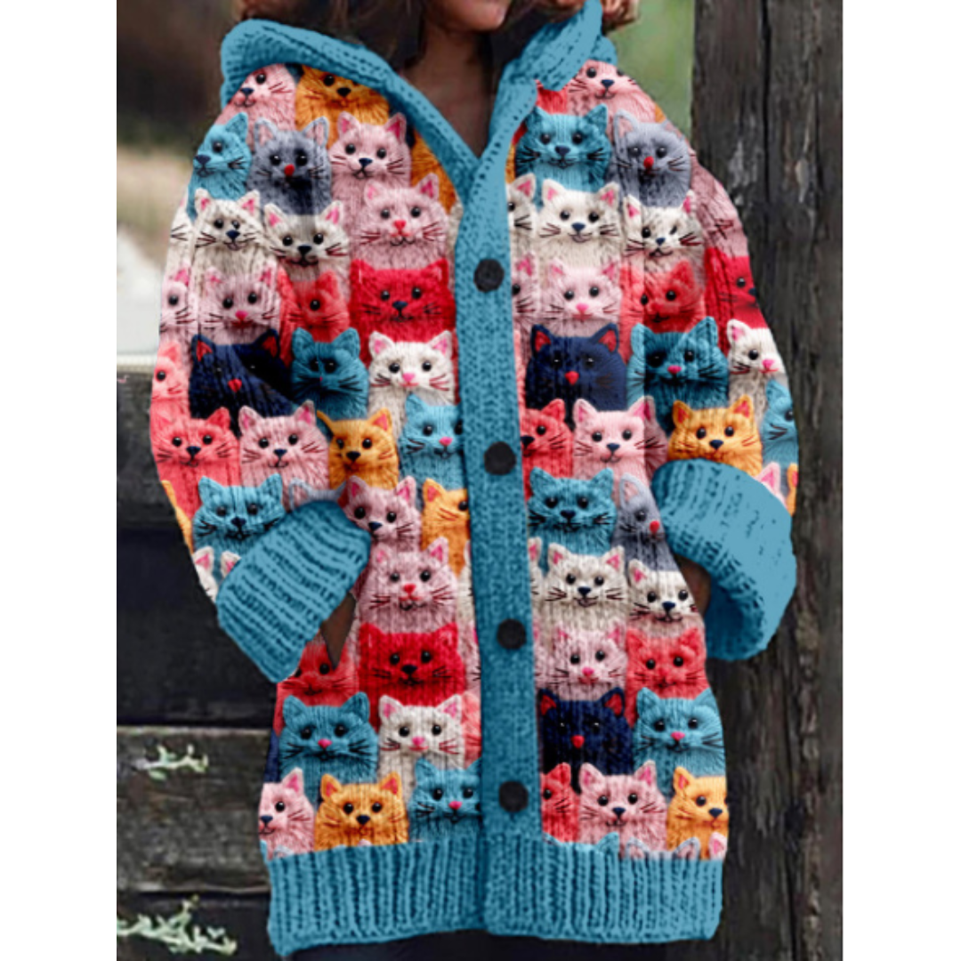 Women's Cat-Themed Hooded Cardigan | Button-Up Puffer