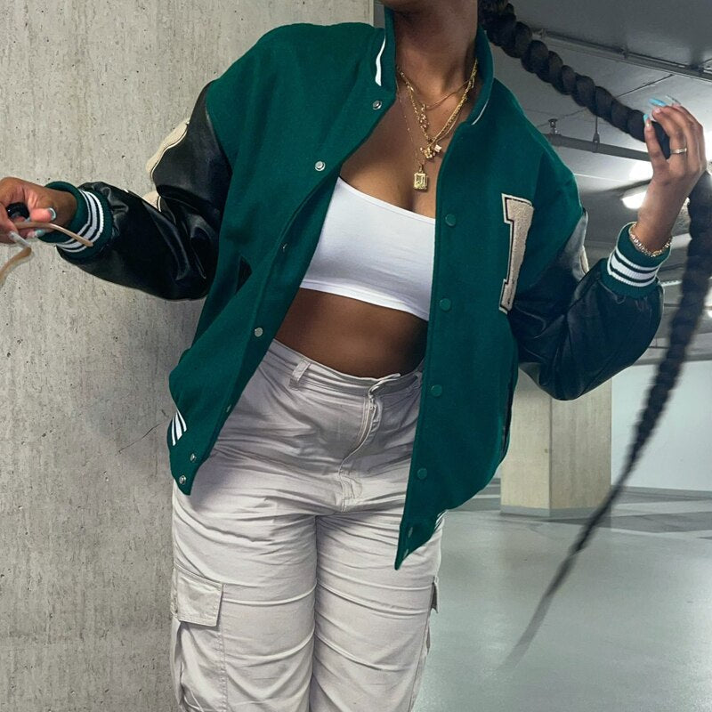Women's Graphic Varsity Bomber Jacket Featuring Bone Sleeve Design