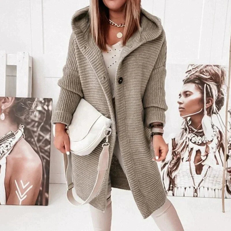 Button-Front Design Long Hooded Knit Cardigan for Women