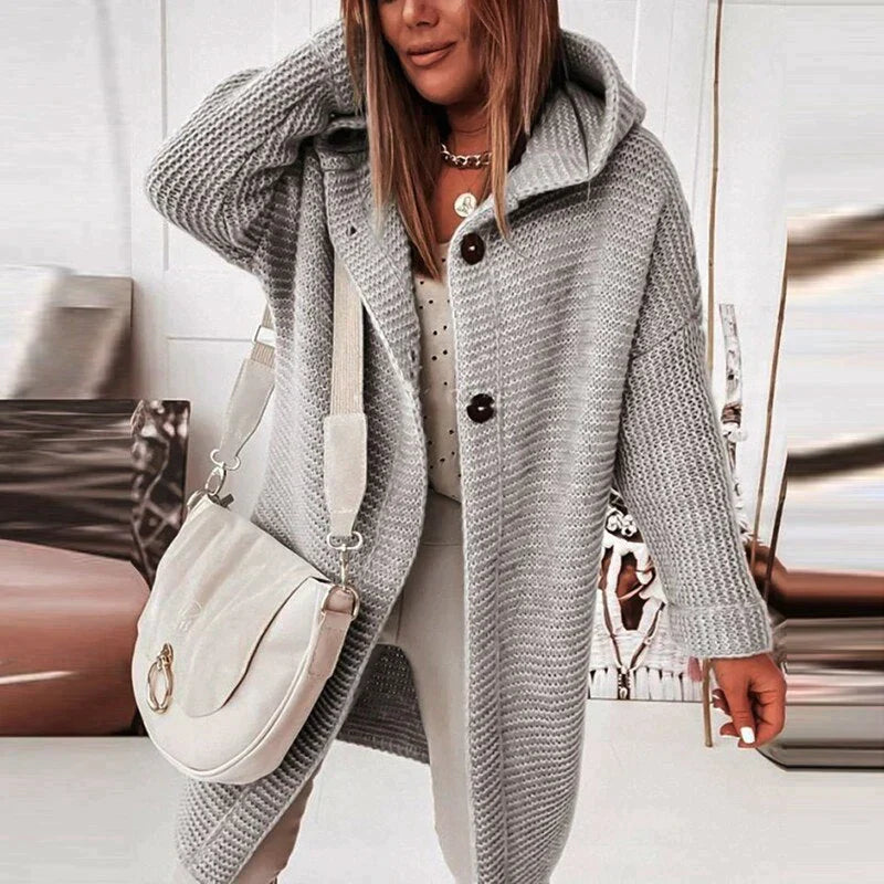 Button-Front Design Long Hooded Knit Cardigan for Women