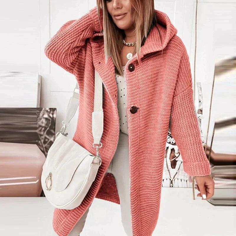 Button-Front Design Long Hooded Knit Cardigan for Women