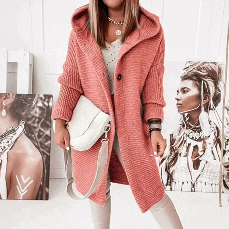 Button-Front Design Long Hooded Knit Cardigan for Women
