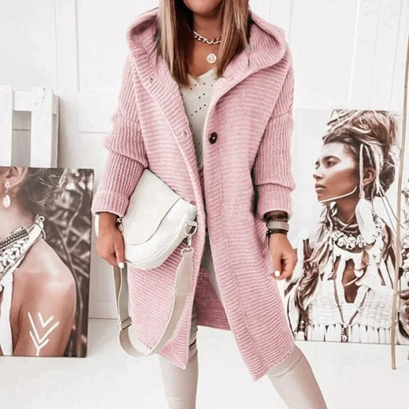 Button-Front Design Long Hooded Knit Cardigan for Women