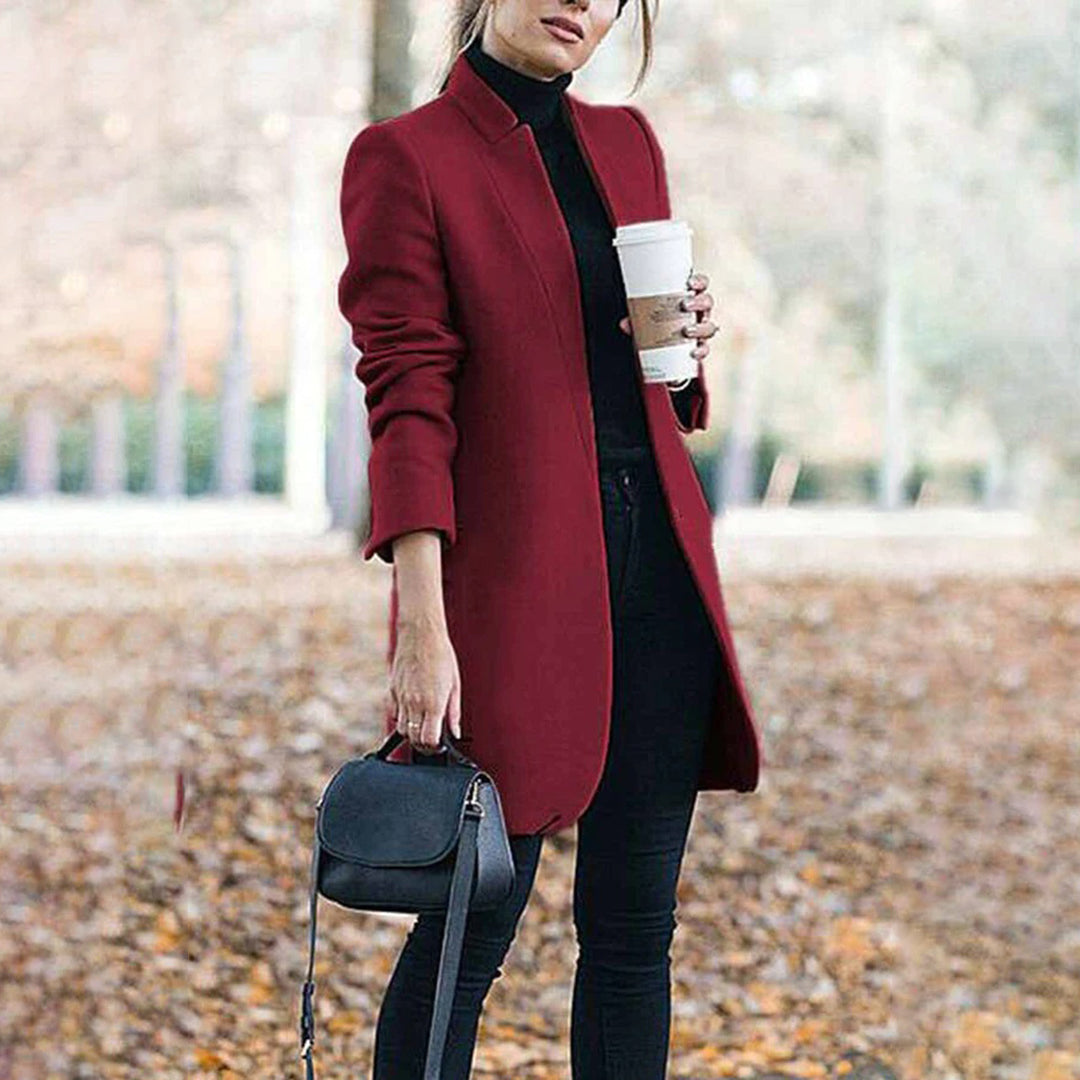 Women's Sleek-Fit Long Wool Trench Coat with Stand Collar