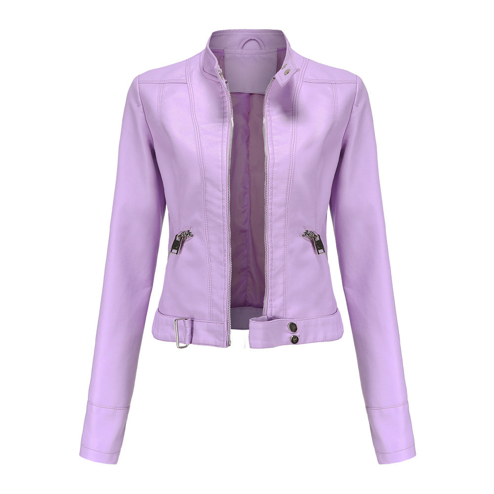 High Collar Women's Leather Jacket with Zip Closure and Belt