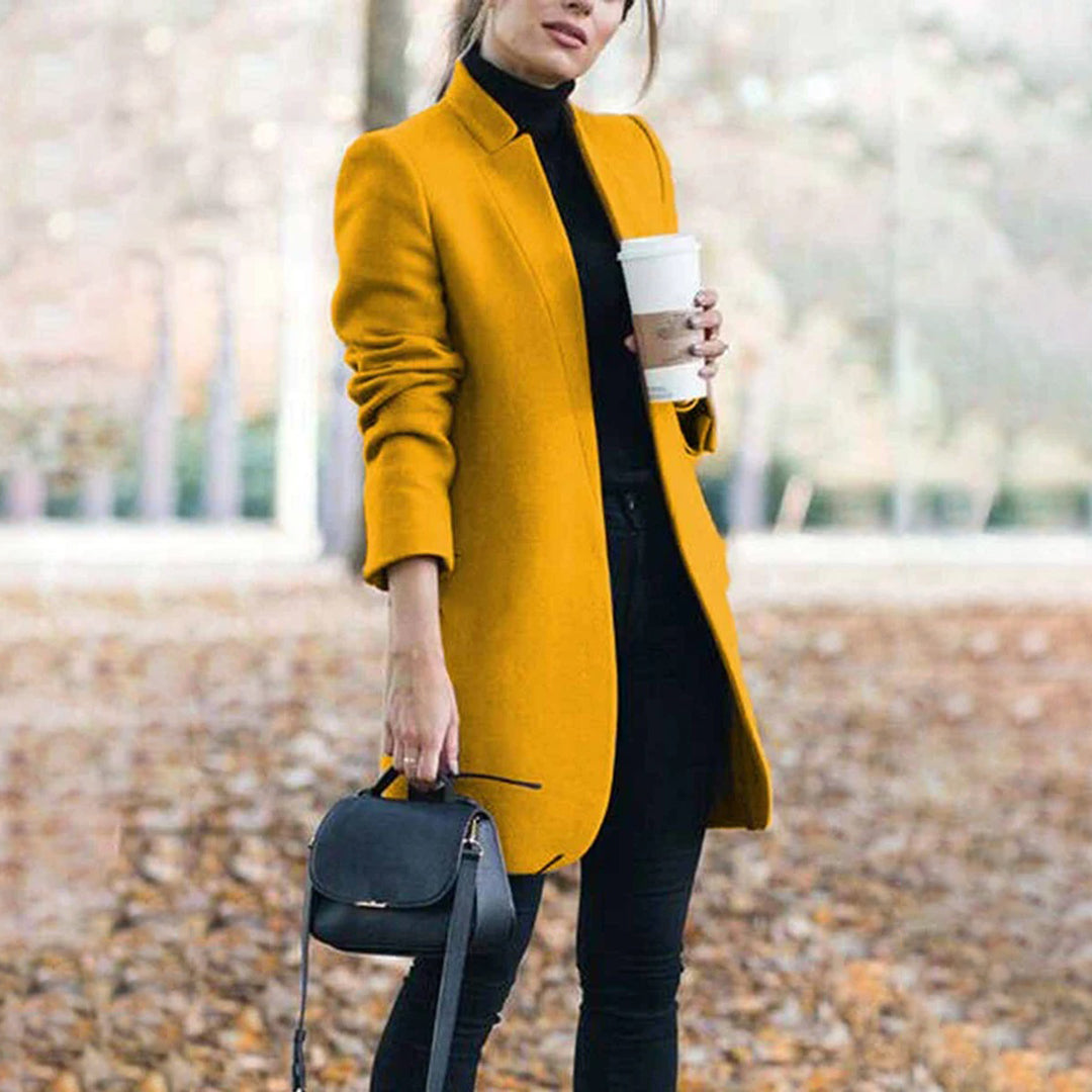 Women's Sleek-Fit Long Wool Trench Coat with Stand Collar