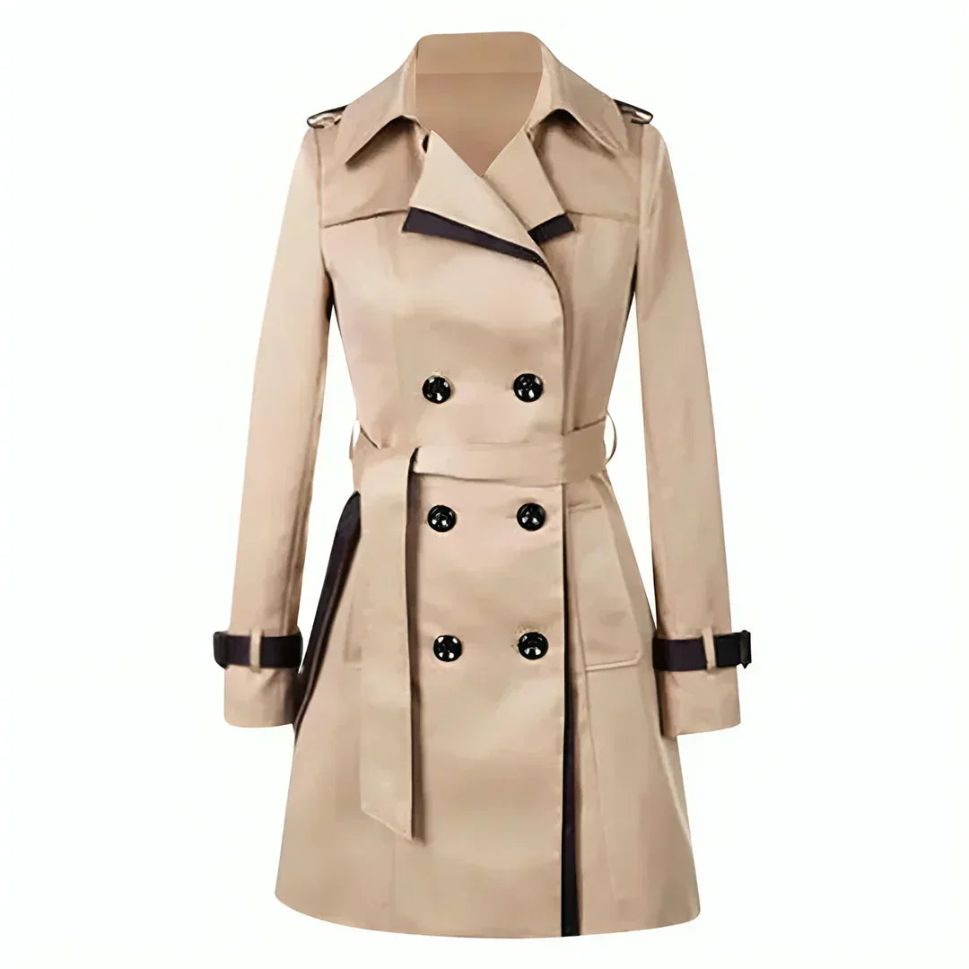 Women's Double Breasted Short Trench Coat with Belt and Contrast Detailing