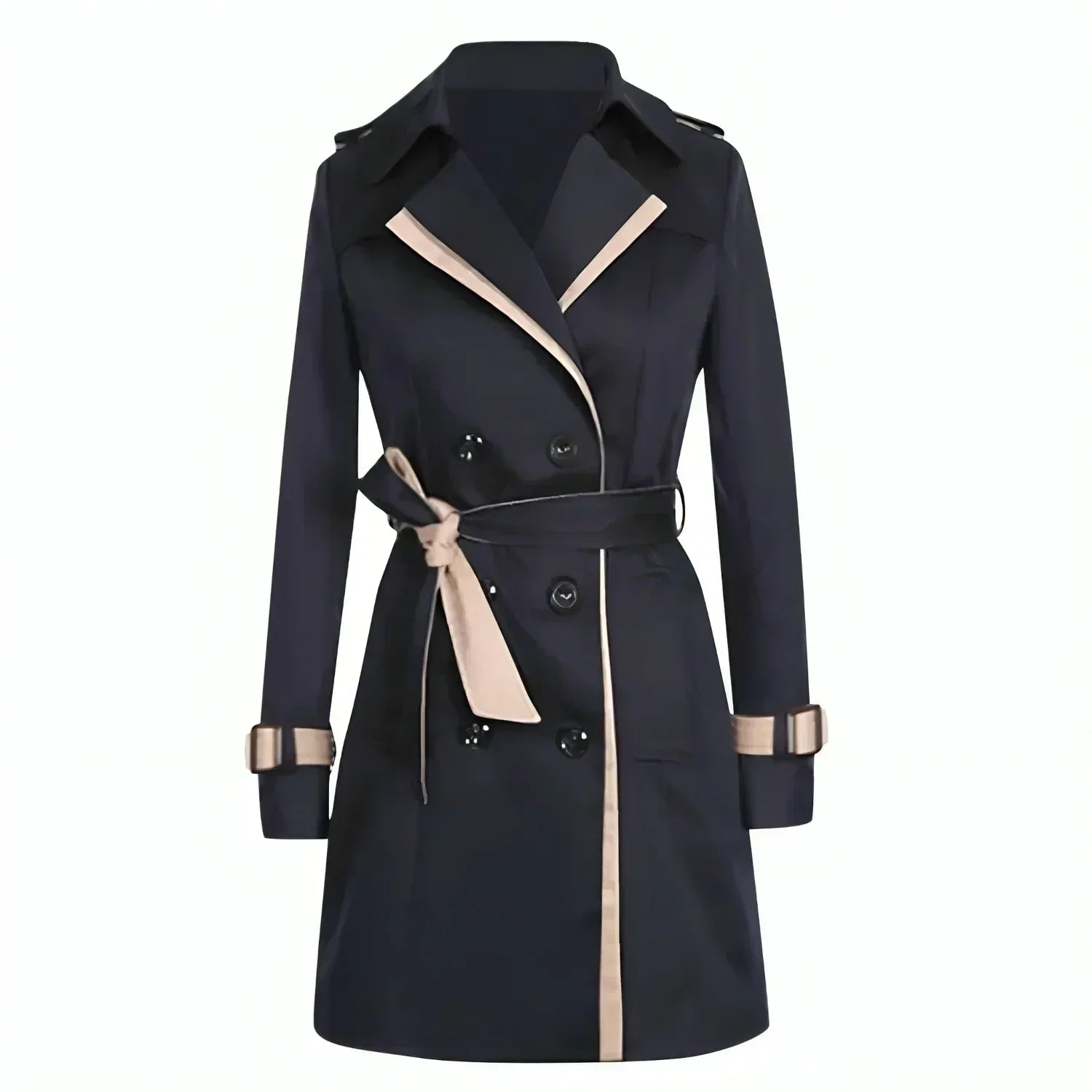 Women's Double Breasted Short Trench Coat with Belt and Contrast Detailing