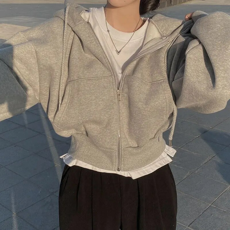 Women's Cropped Zip-Up Hoodie with Oversized Fit and Pockets