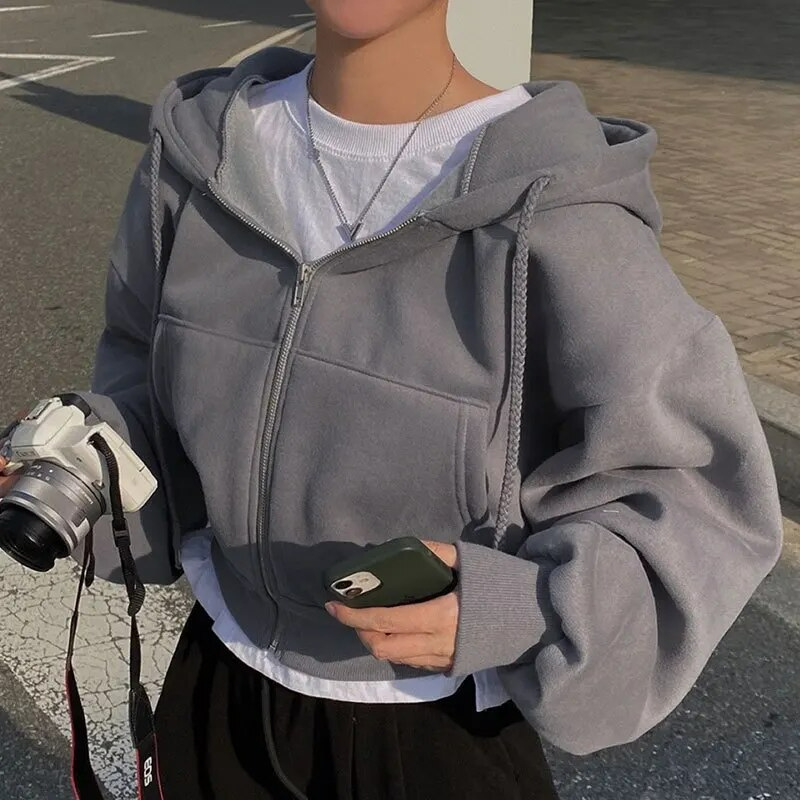 Women's Cropped Zip-Up Hoodie with Oversized Fit and Pockets