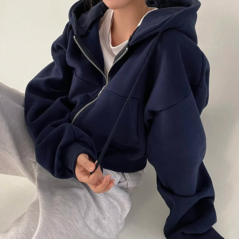 Women's Cropped Zip-Up Hoodie with Oversized Fit and Pockets