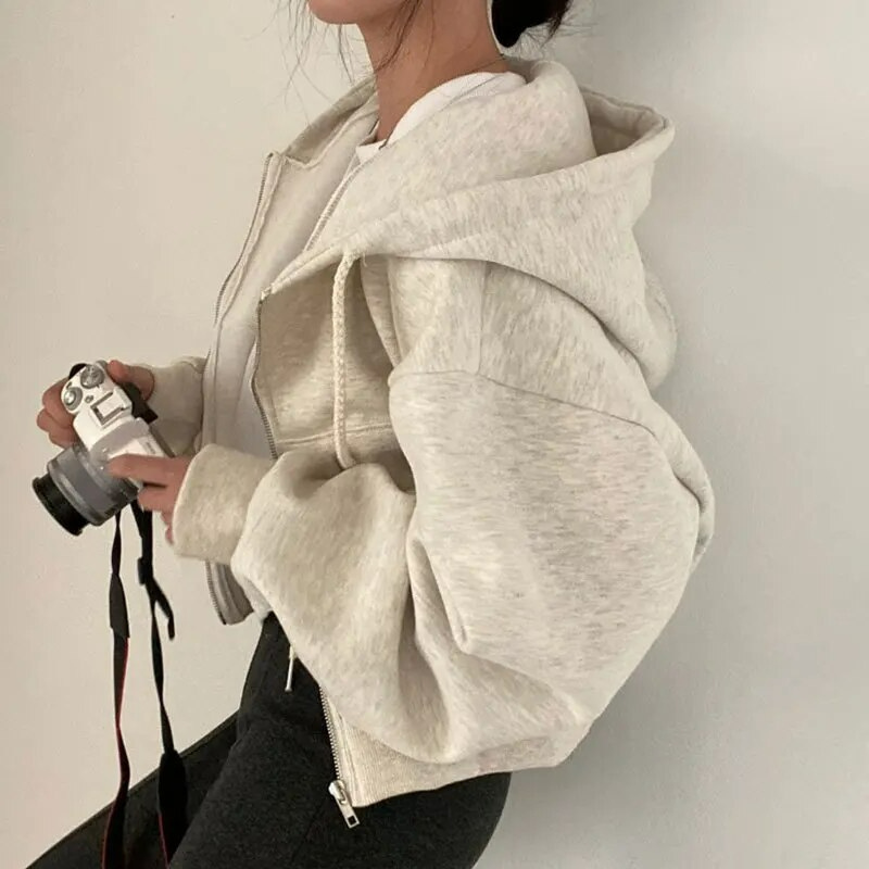Women's Cropped Zip-Up Hoodie with Oversized Fit and Pockets