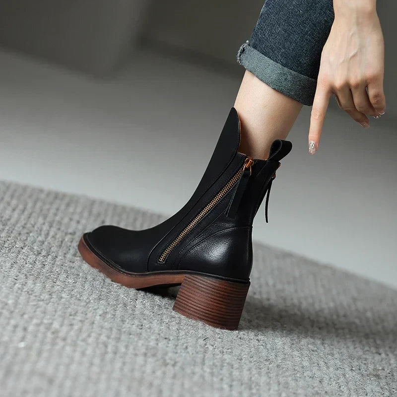 Women's Block Heel Ankle Boots with Zip-Up Closure and Side Zipper Accent