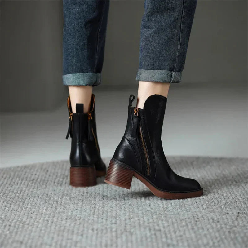Women's Block Heel Ankle Boots with Zip-Up Closure and Side Zipper Accent