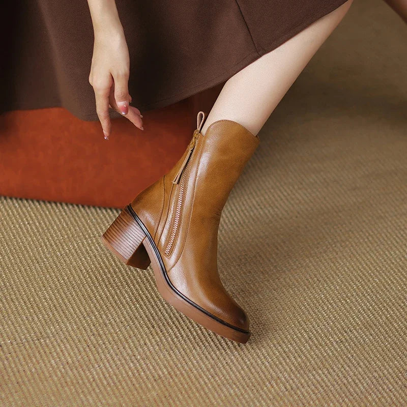 Women's Block Heel Ankle Boots with Zip-Up Closure and Side Zipper Accent