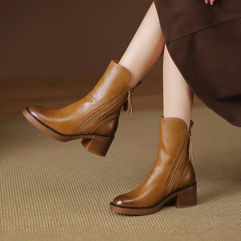 Women's Block Heel Ankle Boots with Zip-Up Closure and Side Zipper Accent