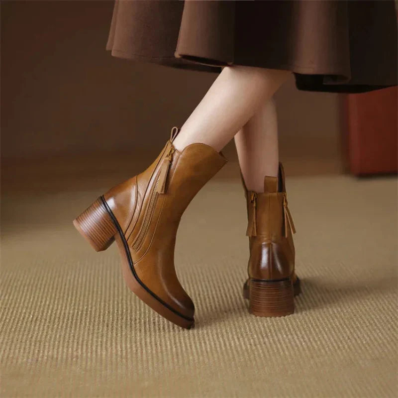 Women's Block Heel Ankle Boots with Zip-Up Closure and Side Zipper Accent