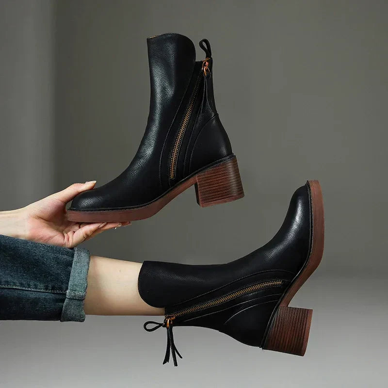 Women's Block Heel Ankle Boots with Zip-Up Closure and Side Zipper Accent
