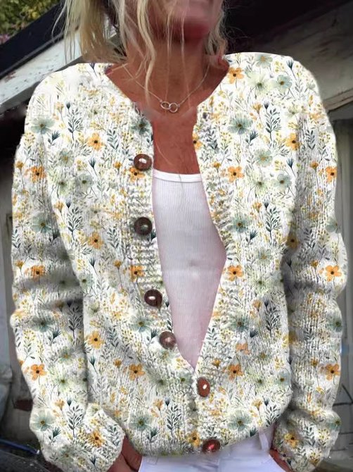 Floral Knit Cardigan for Women with Crew Neck and Button Fastening
