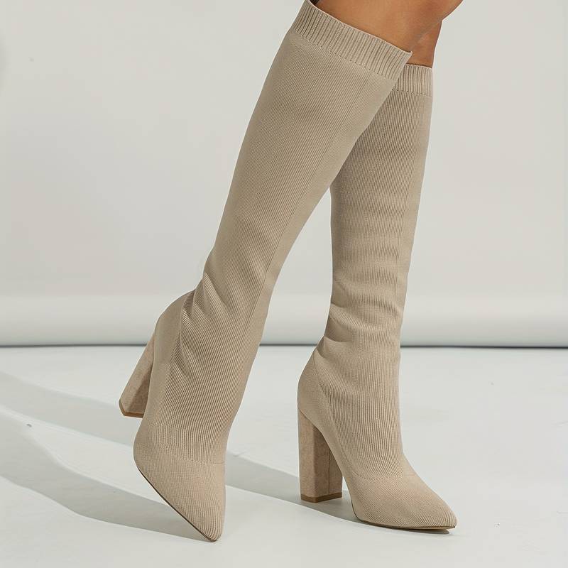 Pointed Toe Block Heel Knee-High Sock Boots for Women