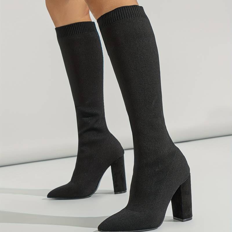 Pointed Toe Block Heel Knee-High Sock Boots for Women