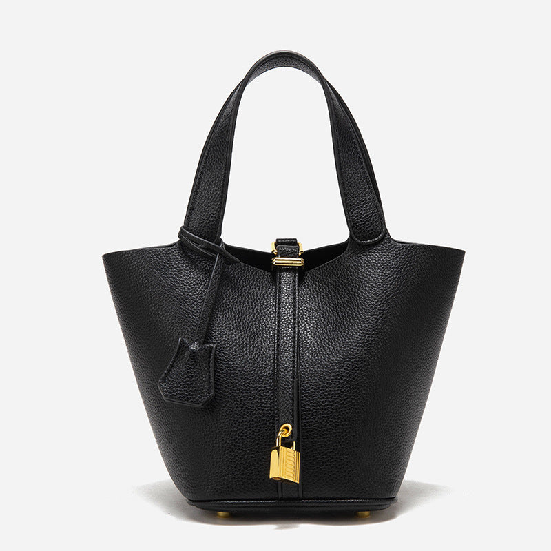 Women's Structured Handbag with Top Handle and Gold Lock Accent