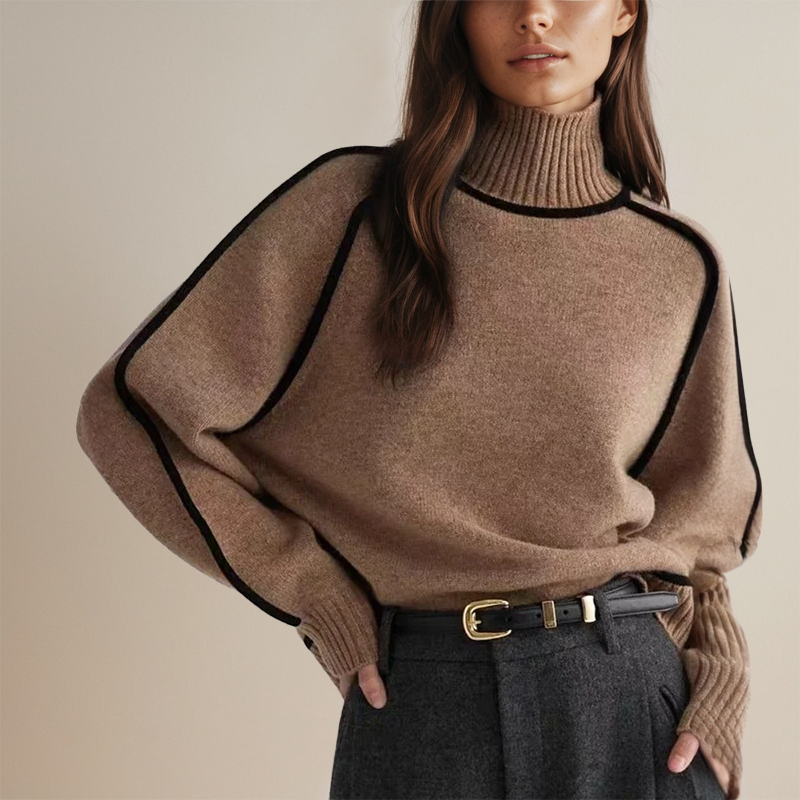 Women's Oversized Turtleneck Sweater Featuring Contrasting Sleeve Trim