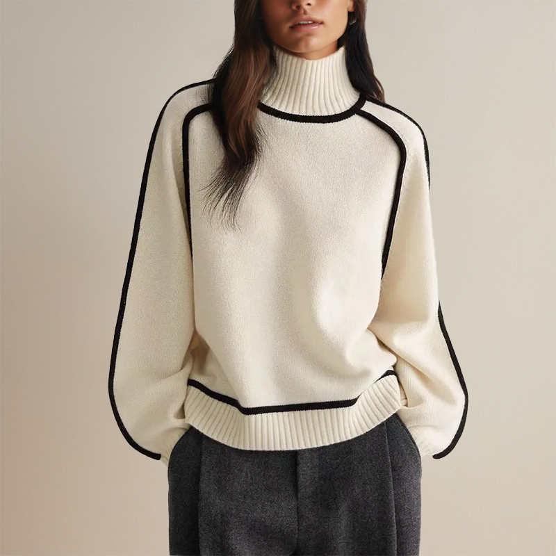 Women's Oversized Turtleneck Sweater Featuring Contrasting Sleeve Trim