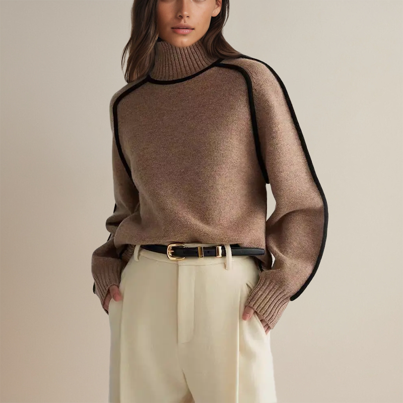 Women's Oversized Turtleneck Sweater Featuring Contrasting Sleeve Trim