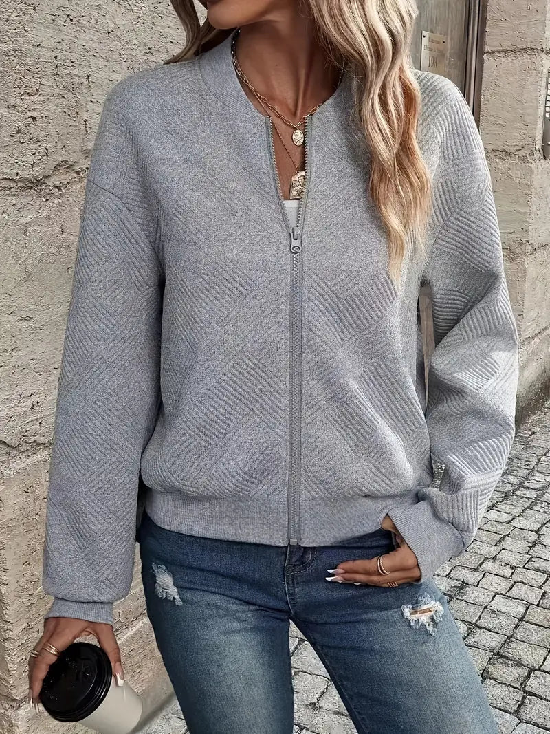Textured Zip-Up Cardigan for Women with Ribbed Hem and Long Sleeves