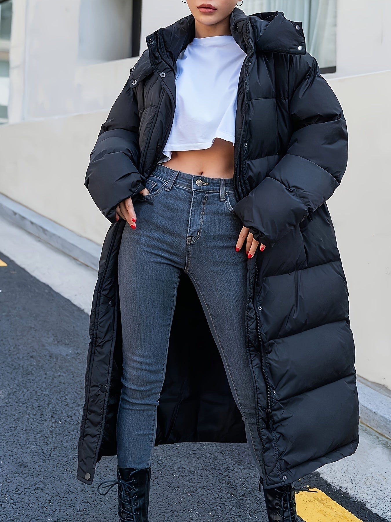 Women's Full-Length Quilted Black Puffer Jacket with Hood