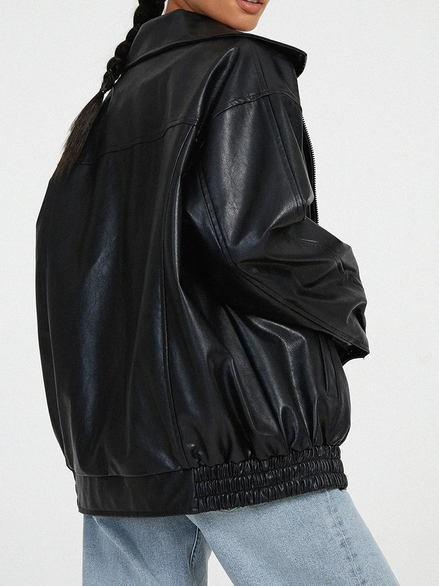 Women's Oversized Leather Bomber Jacket with Zip Closure