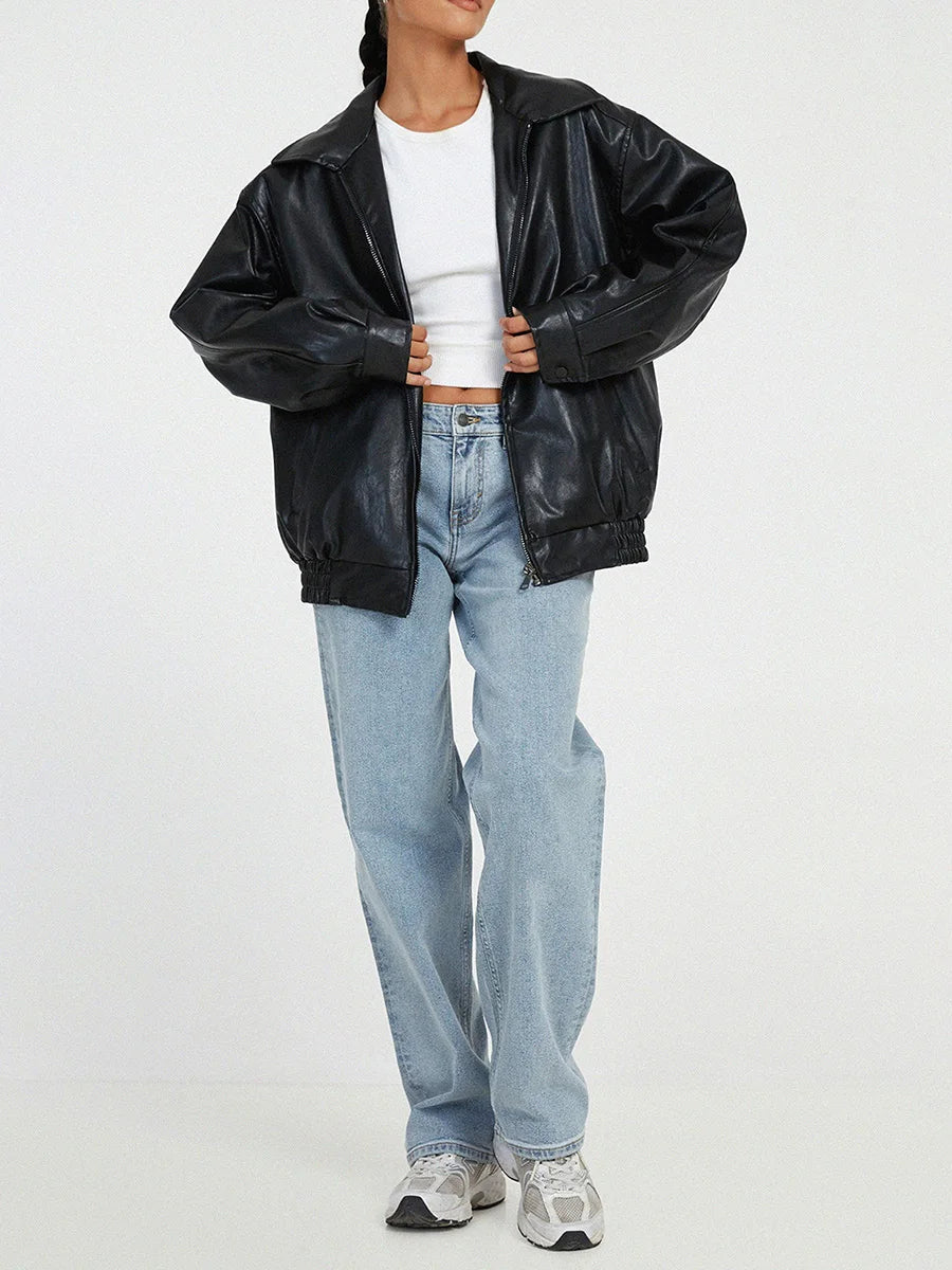Women's Oversized Leather Bomber Jacket with Front Zipper