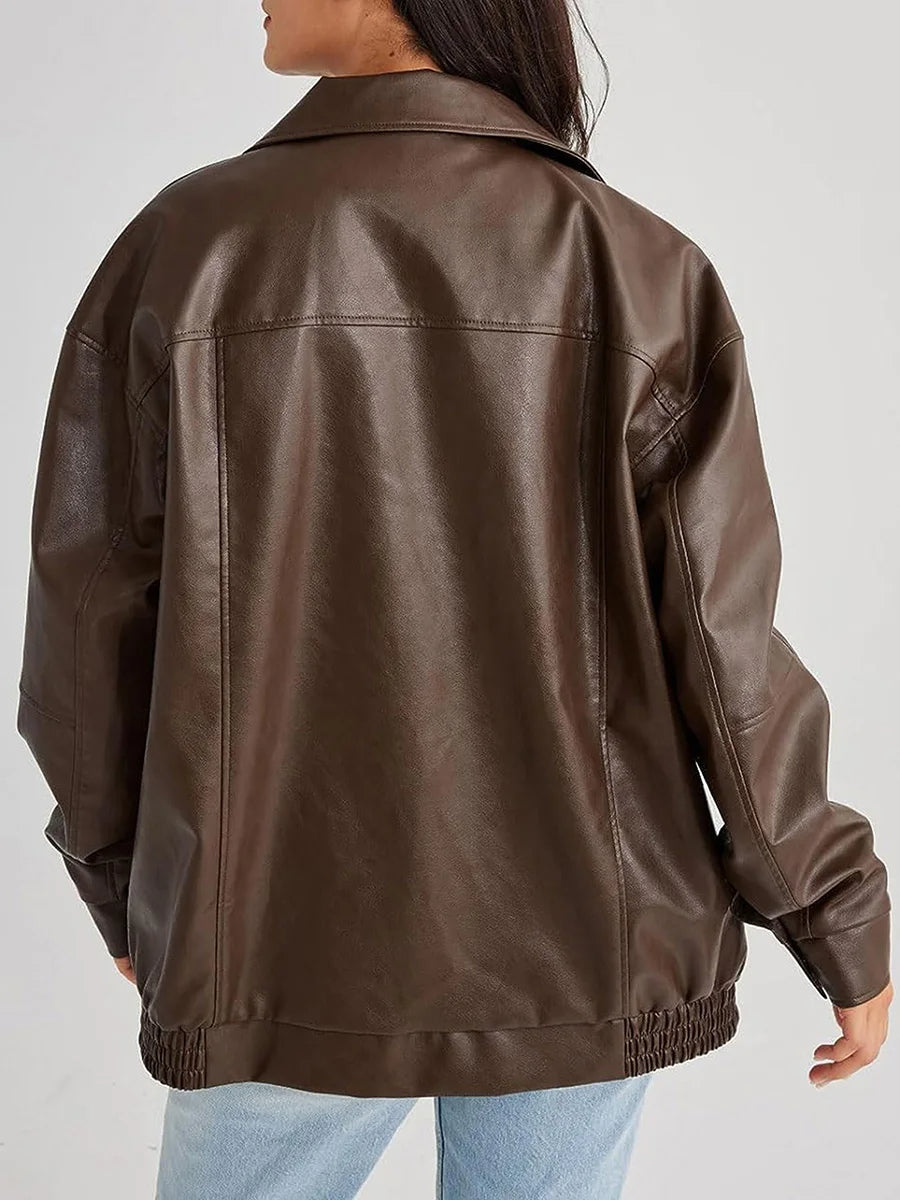 Women's Oversized Leather Bomber Jacket with Front Zipper