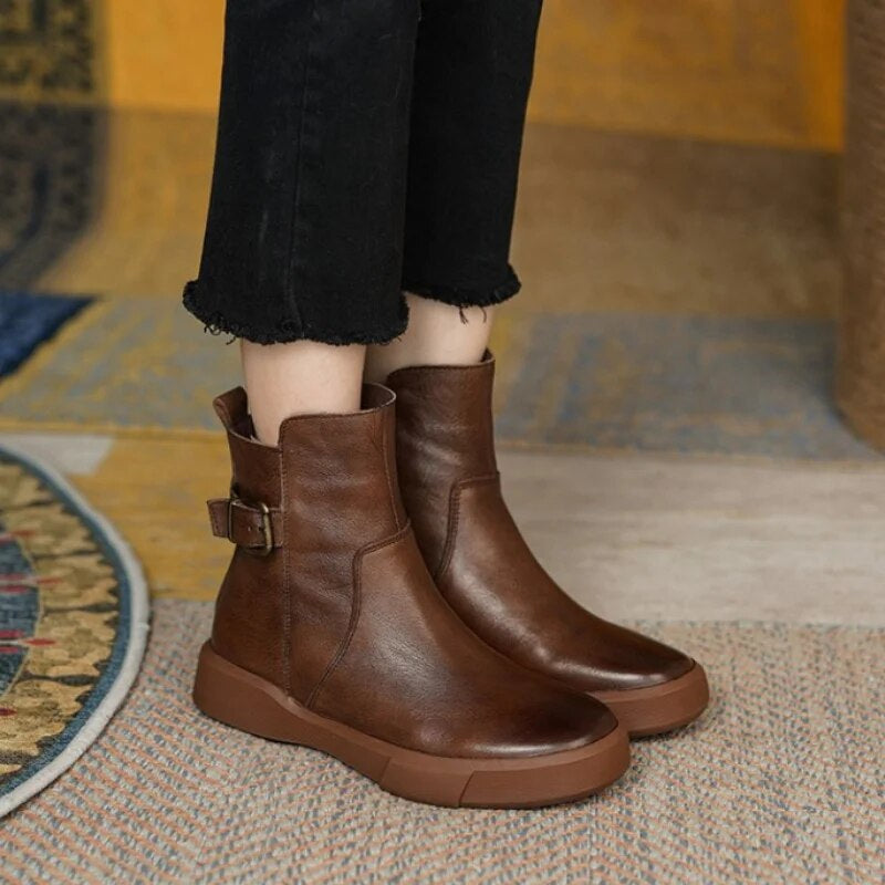 Women's Mid-Ankle Boots Featuring Side Buckle and Comfortable Flat Sole