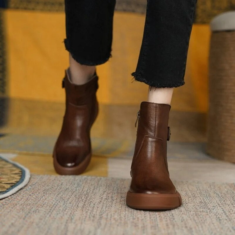 Women's Mid-Ankle Boots Featuring Side Buckle and Comfortable Flat Sole