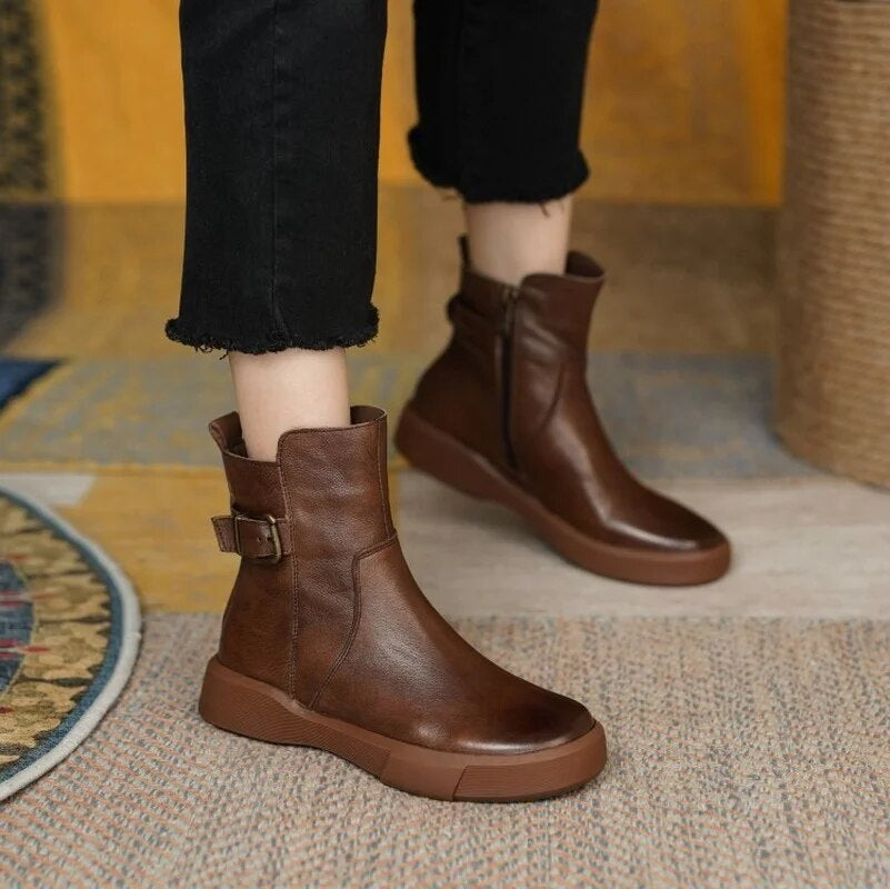 Women's Mid-Ankle Boots Featuring Side Buckle and Comfortable Flat Sole