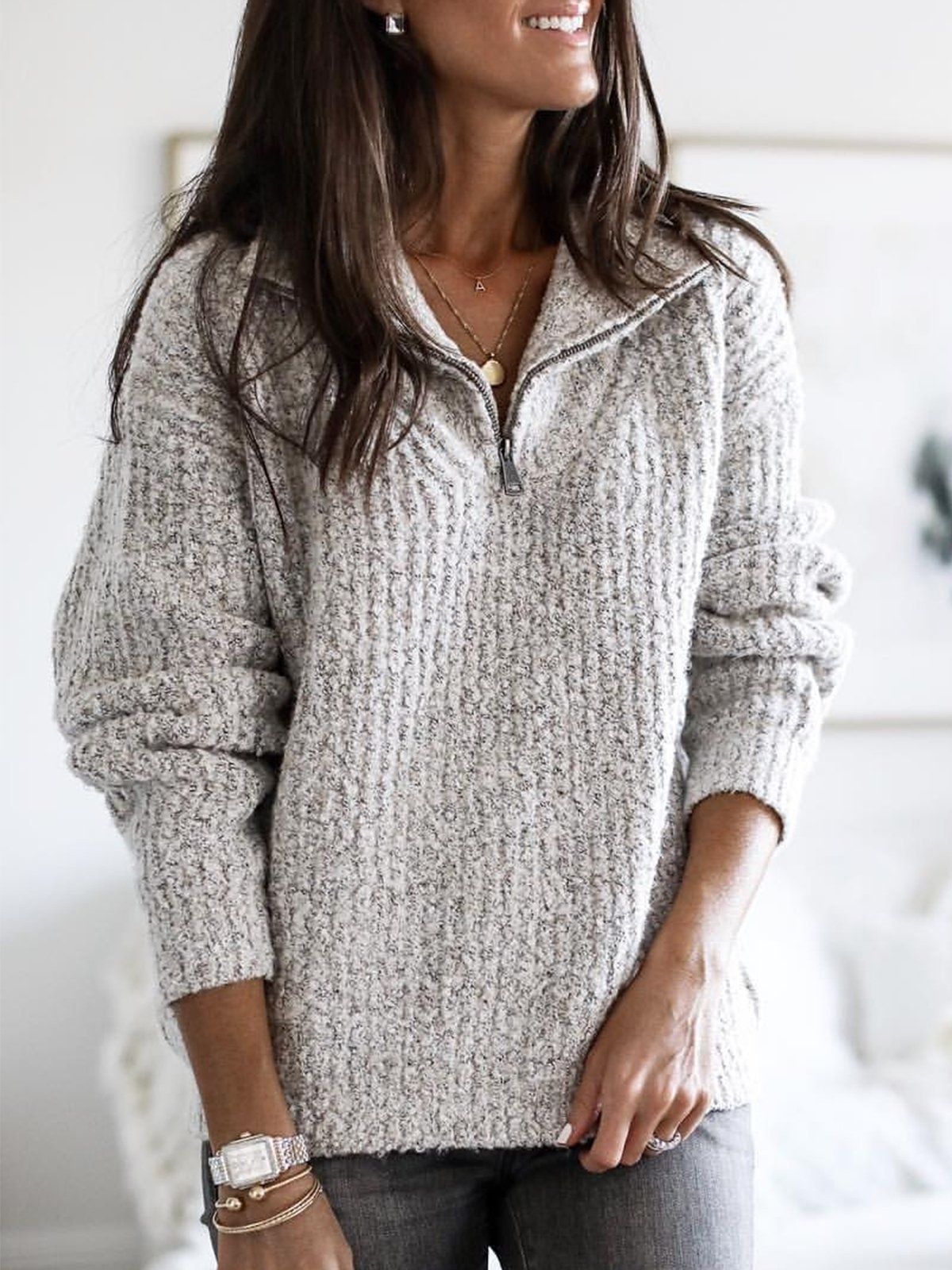 Relaxed Fit Women's Half-Zip Sweater with Textured Knit Stand Collar