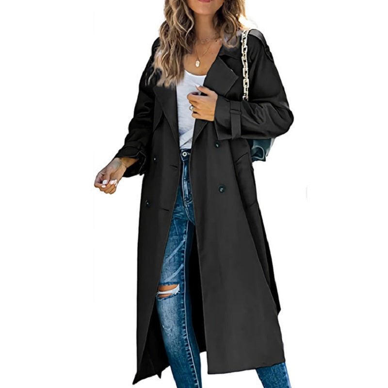 Women's Long Double-Breasted Trench Coat with Belted Sleeves