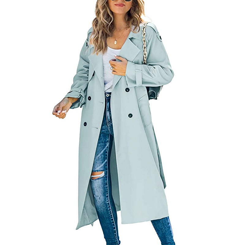 Women's Long Double-Breasted Trench Coat with Belted Sleeves