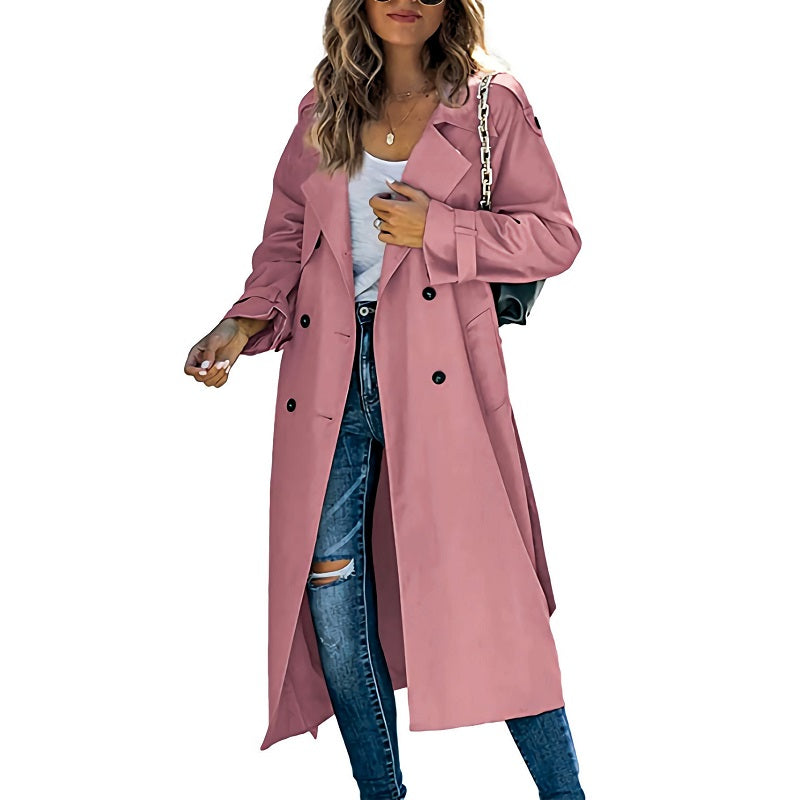 Women's Long Double-Breasted Trench Coat with Belted Sleeves