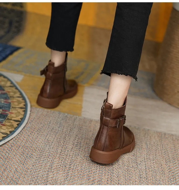 Women's Mid-Ankle Boots Featuring Side Buckle and Comfortable Flat Sole