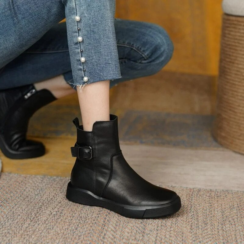 Women's Mid-Ankle Boots Featuring Side Buckle and Comfortable Flat Sole