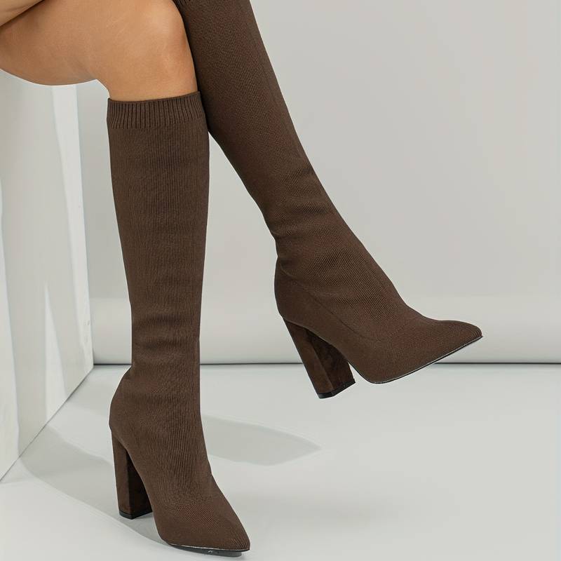 Pointed Toe Block Heel Knee-High Sock Boots for Women