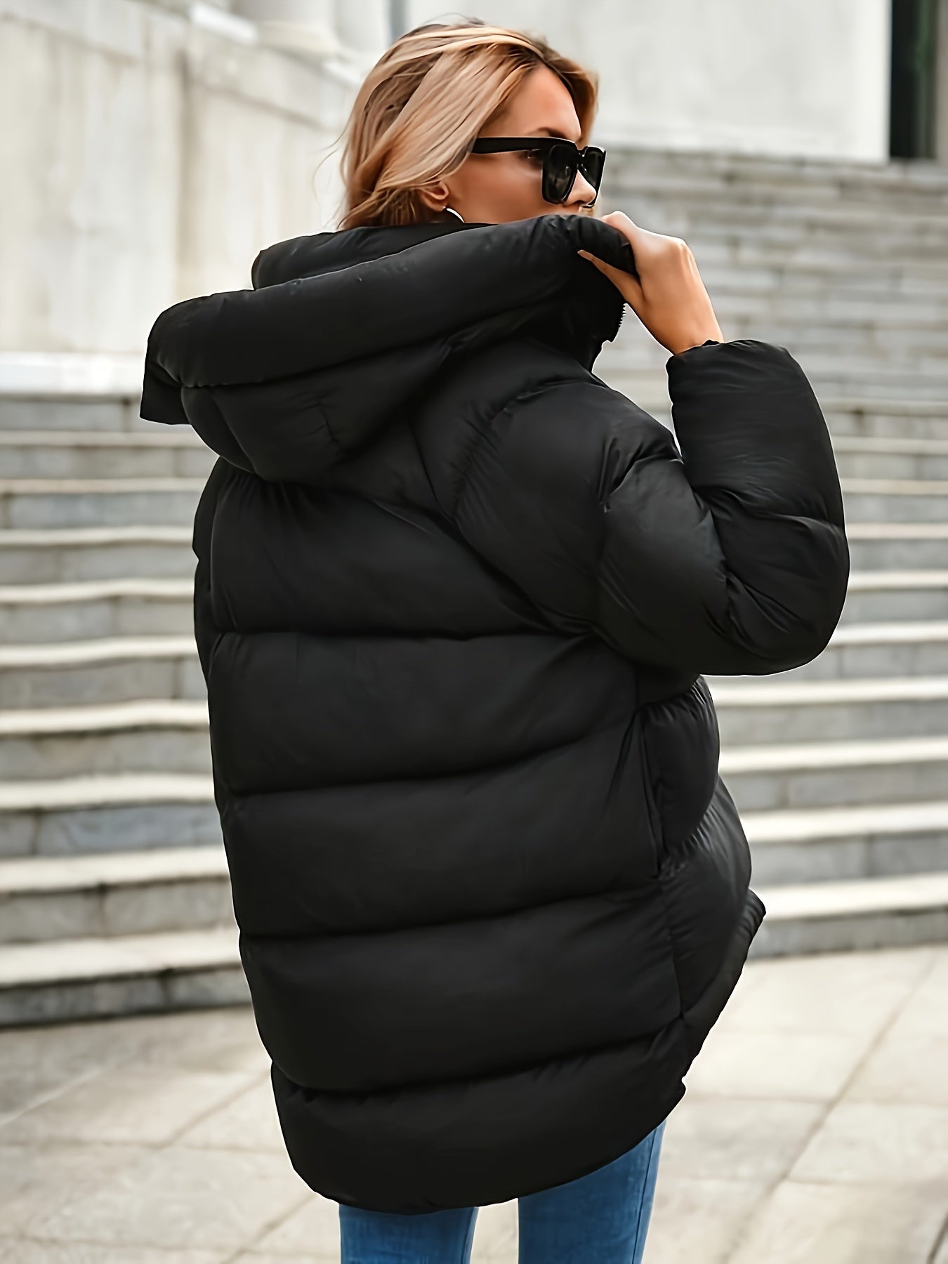 Women's Quilted Short Hooded Puffer Jacket with High Collar
