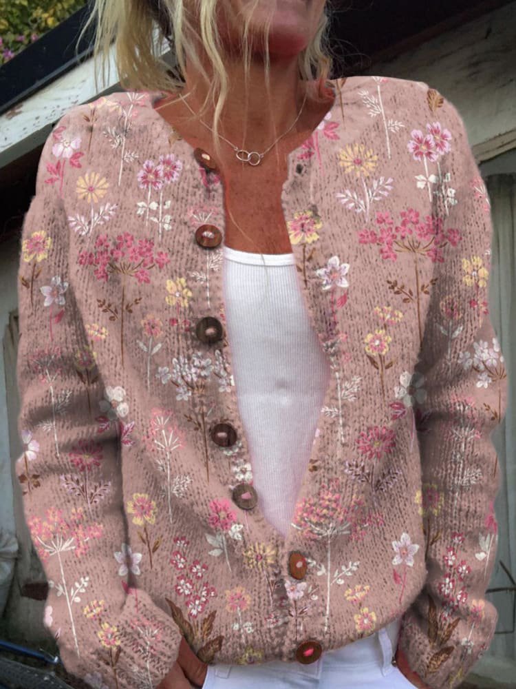 Floral Knit Cardigan for Women with Crew Neck and Button Fastening