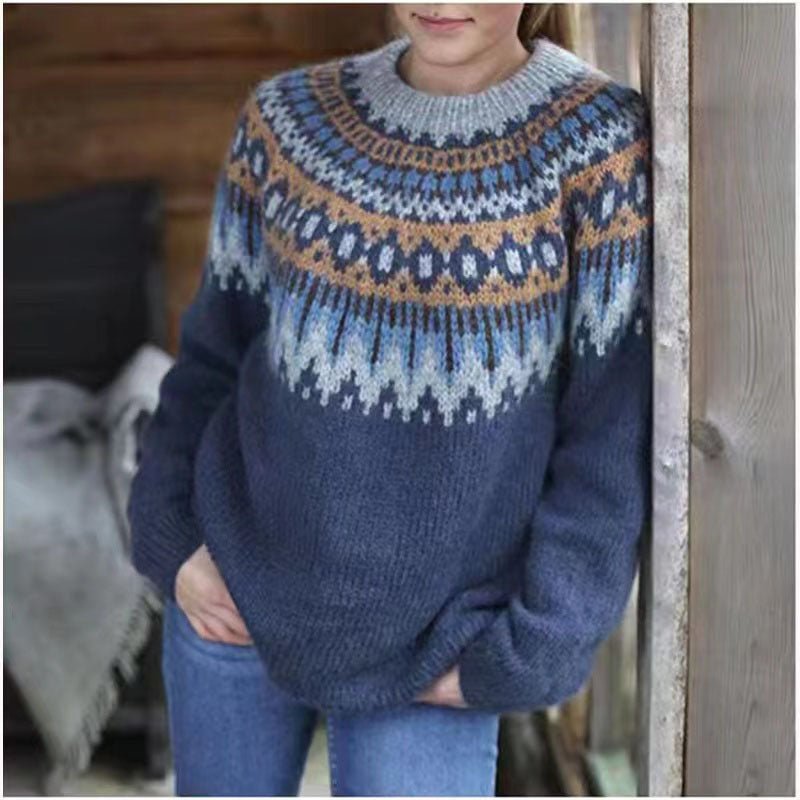 Cozy Relaxed Fit Fair Isle Crewneck Sweater for Women