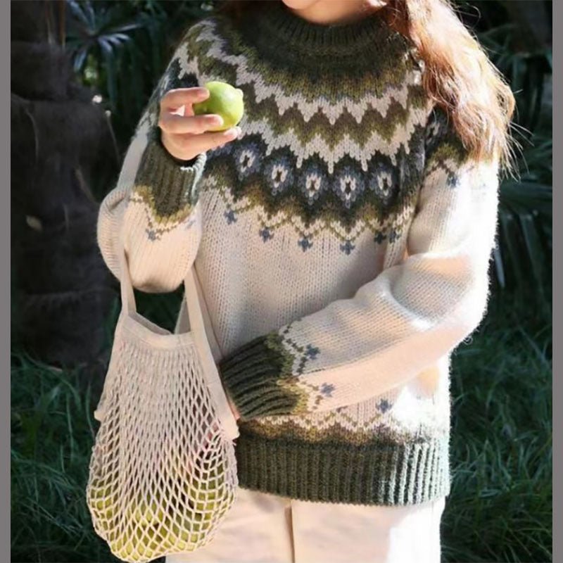 Cozy Relaxed Fit Fair Isle Crewneck Sweater for Women